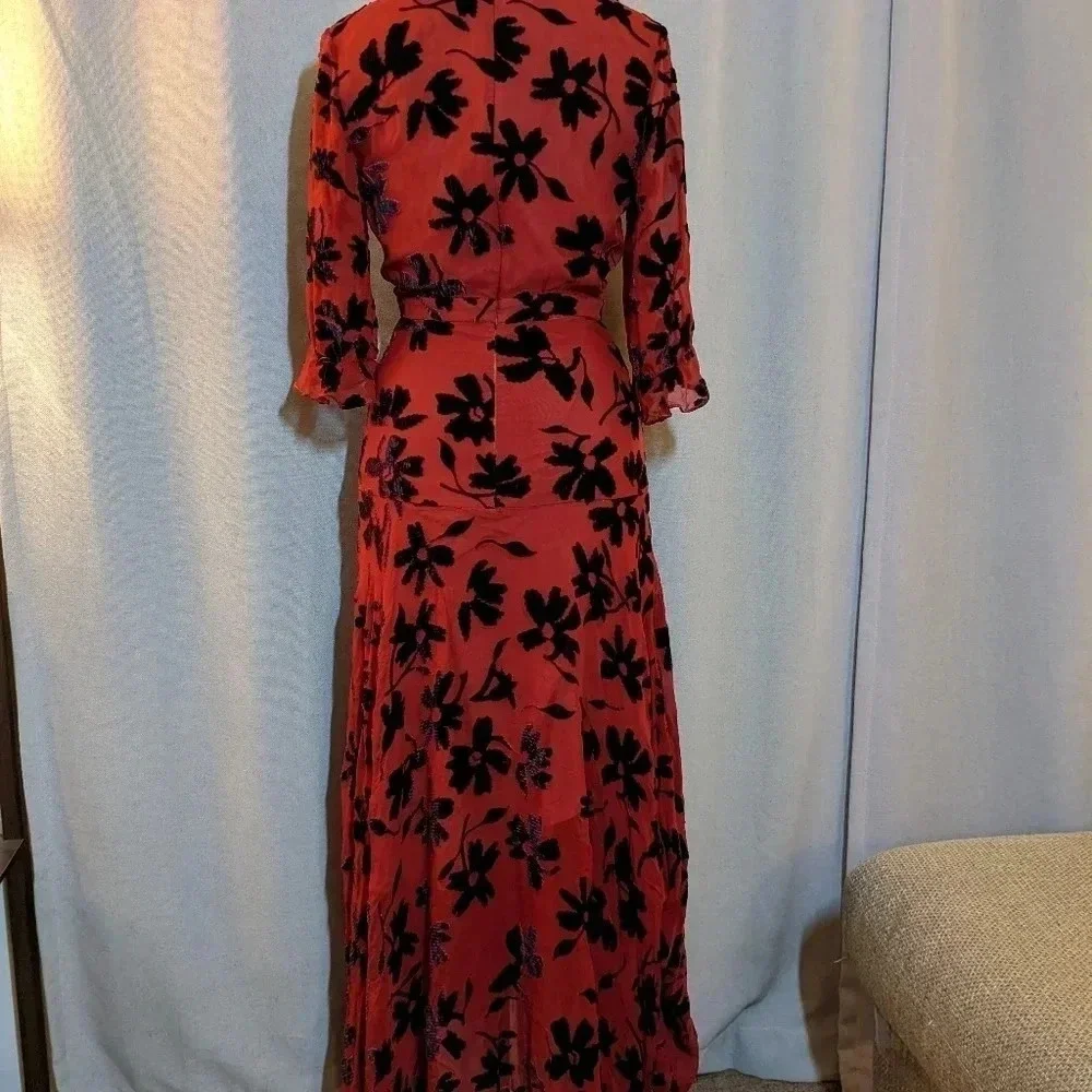 Saloni Red Chiffon V Maxi Dress Black Velvet Flowers Size 2 Edith Devor